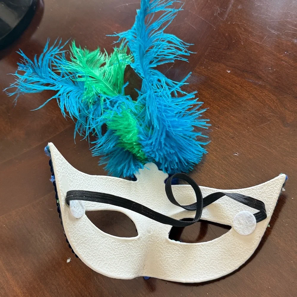 Colorful Feathered Masquerade Mask turquoise green cobalt blue sequined feathers